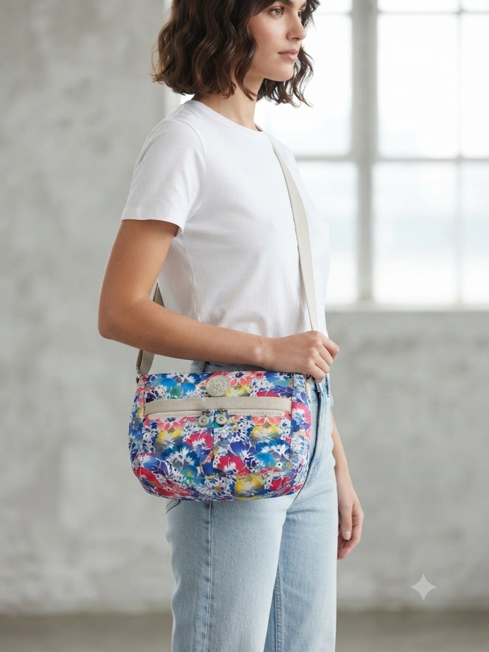 Kipling Multi-Color Floral Crossbody Bag with Beige Strap 8" X 13' X 2"